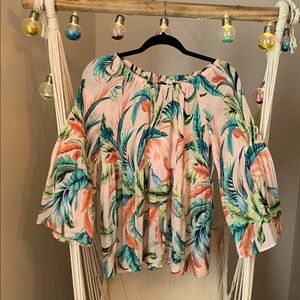 2/$15 Spense Pink and Green Ruffled 3/4 Sleeve Blouse